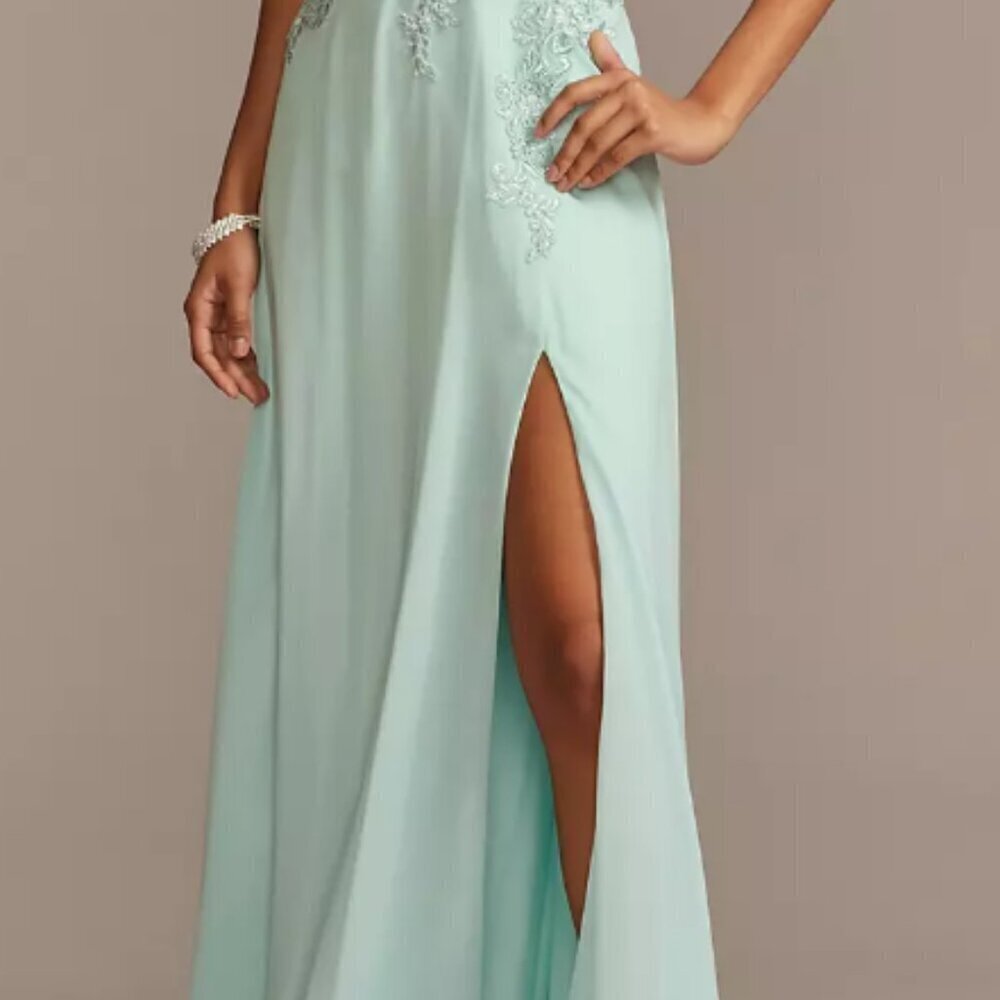 Blondie size 5 blue prom dress- Corded Lace Embellishment Plunging - Picture 4 of 6